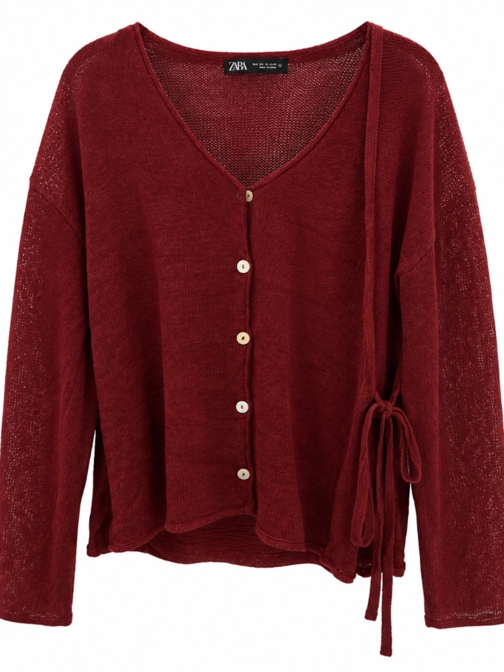 Burgundy Linen Blend Cardigan – tie waist